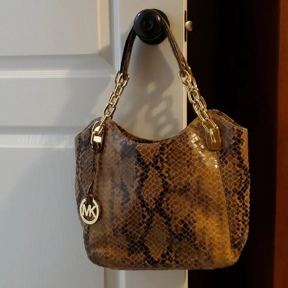 Michael Kors Brown Snake-Print Leather Shoulder Bag